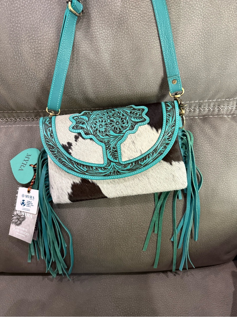 Myra Bag Turquoise and White Cowhide Crossbody with Tooled Flap and Fringe